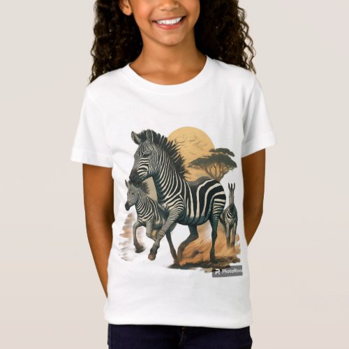  a group of zebras running in the savanna T_Shirt