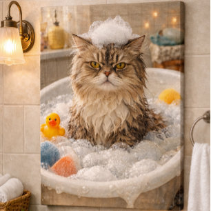 A Grumpy cat in a bubbly bath Faux Canvas Print