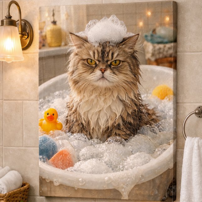 A Grumpy cat in a bubbly bath Faux Canvas Print (Creator Uploaded)