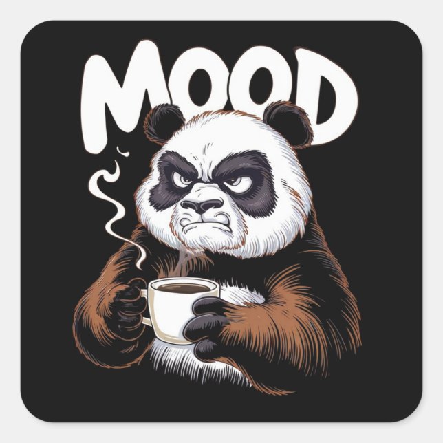 A grumpy panda holding a coffee cup square sticker (Front)
