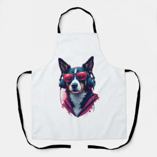 A Habu dog wearing sunglasses and headphones Apron