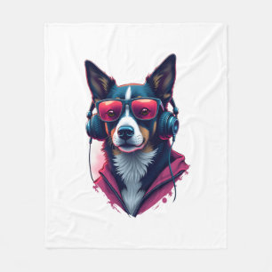 A Habu dog wearing sunglasses and headphones Fleece Blanket