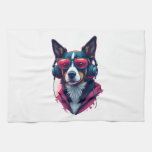 A Habu dog wearing sunglasses and headphones  Kitchen Towel