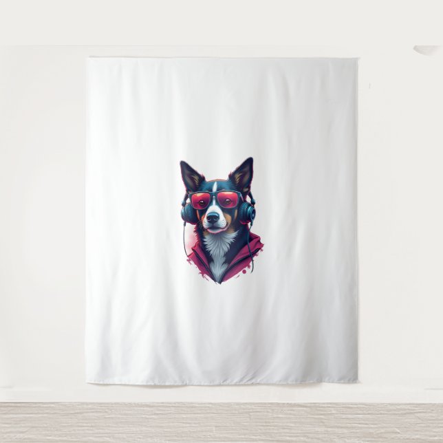 A Habu dog wearing sunglasses and headphones  Tapestry (Front)