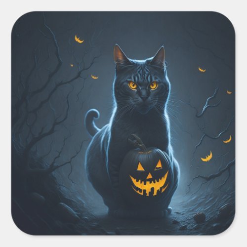 A Halloween cat with a glowing jackolantern Square Sticker
