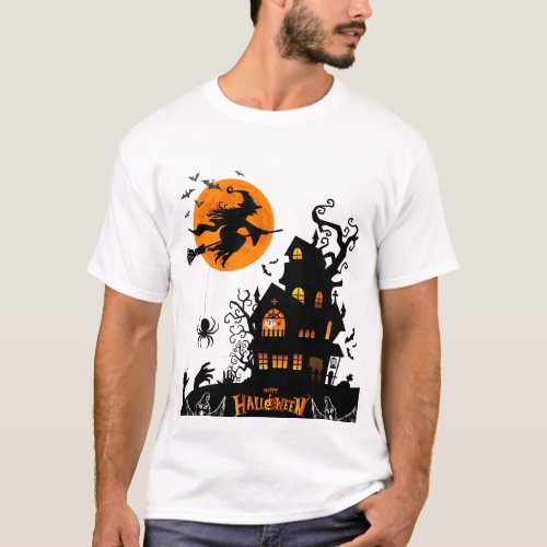 A halloween scene with a witch flying on a broom T_Shirt