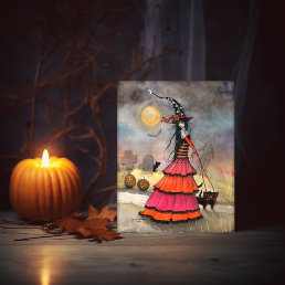 A Halloween Stroll Fantasy Witch and Cats Card
