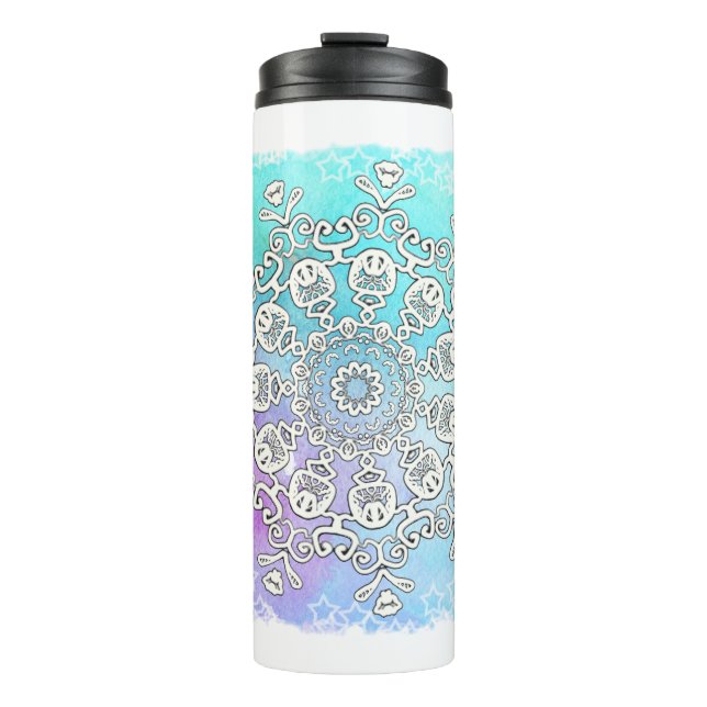 *~* A Hand Drawn & Watercolor Mandala Thermal Tumbler (Front)