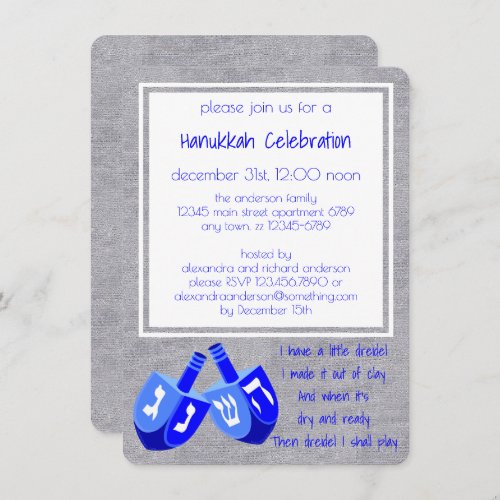A Hanukkah Dreidels In Blue Dreidel Song Party Invitation
