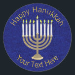 A Hanukkah Gold Menorah On Rich Blue Background Classic Round Sticker<br><div class="desc">A classic Hanukiah design in gold and white on a deep blue faux sparkle background features space for your personalized text making this round sticker a unique addition to your Hanukkah celebrations. Use these Hanukkah stickers on mailings, scatter on a gift package or tuck them into favor bags as party...</div>