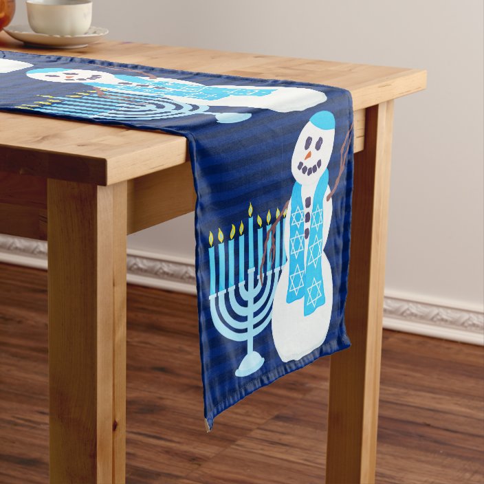 A Hanukkah Jewish Snowman And Blue Menorah Holiday Long Table Runner Zazzle Com