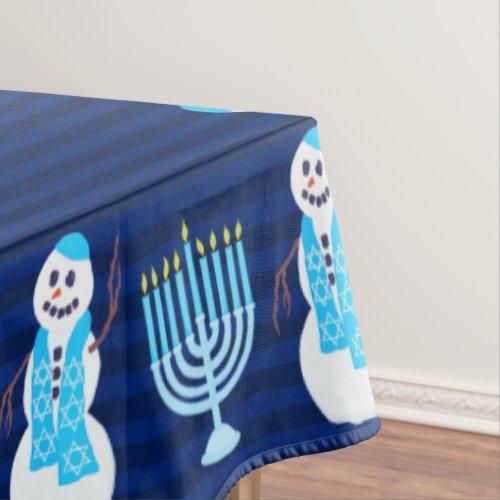A Hanukkah Jewish Snowman Blue Hanukiah Holiday Tablecloth