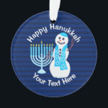 A Hanukkah Jewish Snowman Blue Menorah Chrismukkah Ornament<br><div class="desc">Hang this personalized Hanukkah ornament from a window, the fireplace mantel or on the Chanukkah bush if you have one. Your custom white text pops on the navy blue stripes on one side, with no text and a larger version of the smiling snowman and light blue Hanukiah on the other....</div>