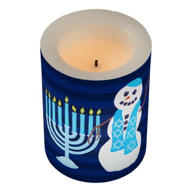 A Hanukkah Jewish Snowman Blue Menorah Hanukiah Flameless Candle (Angled)