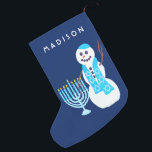 A Hanukkah Jewish Snowman Menorah SML Chrismukkah Small Christmas Stocking<br><div class="desc">Personalize this adorable snowman stocking for Chrismukkah or Hanukkah. This double sided Christmas or Chrismukkah stocking is easy to customize with a name in white text on the dark blue background using the easy text templates. In his bright blue Star Of David pattern scarf with his very own light blue...</div>