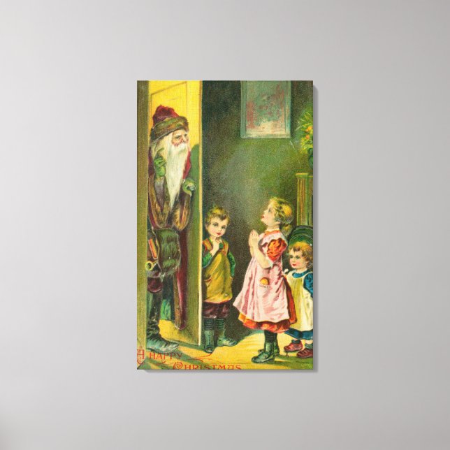 A Happy Christmas Kids Letting Santa In Canvas Print (Front)