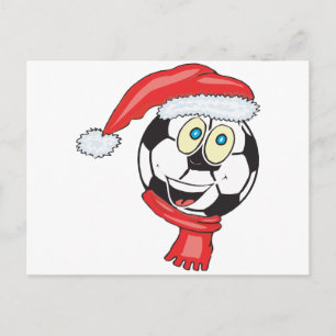 A happy christmas soccer ball wearing a santa hat holiday postcard