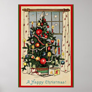 A Happy Christmas, vintage illustration, Poster