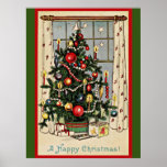 A Happy Christmas, vintage illustration,  Poster<br><div class="desc">A Happy Christmas,  vintage Christmas tree illlustration in holiday colors.</div>
