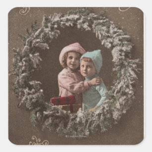 A Happy ChristmasLittle Kids Hugging Square Sticker