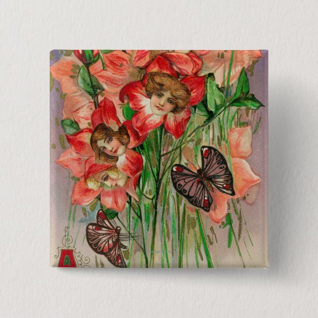 A Happy Easter with Women Head Flowers Button (Front)