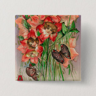 A Happy Easter with Women Head Flowers Button