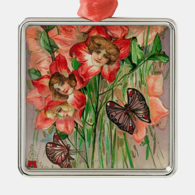 A Happy Easter with Women Head Flowers Metal Ornament (Front)