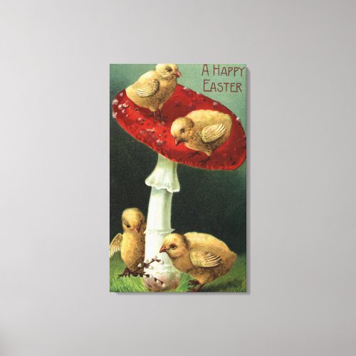 A Happy EasterChicks on Red Mushroom Canvas Print