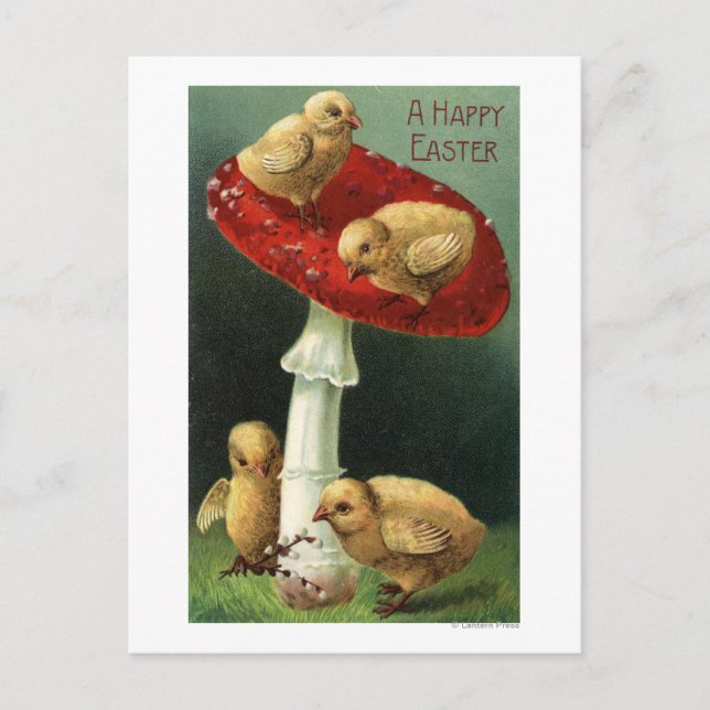 A Happy EasterChicks on Red Mushroom Holiday Postcard (Front)