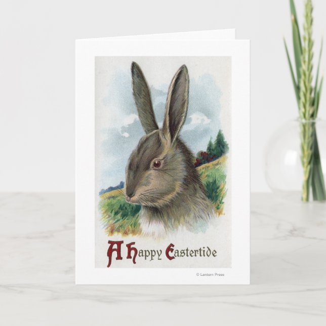 A Happy EastertideGray Rabbit Scene Holiday Card (Front)