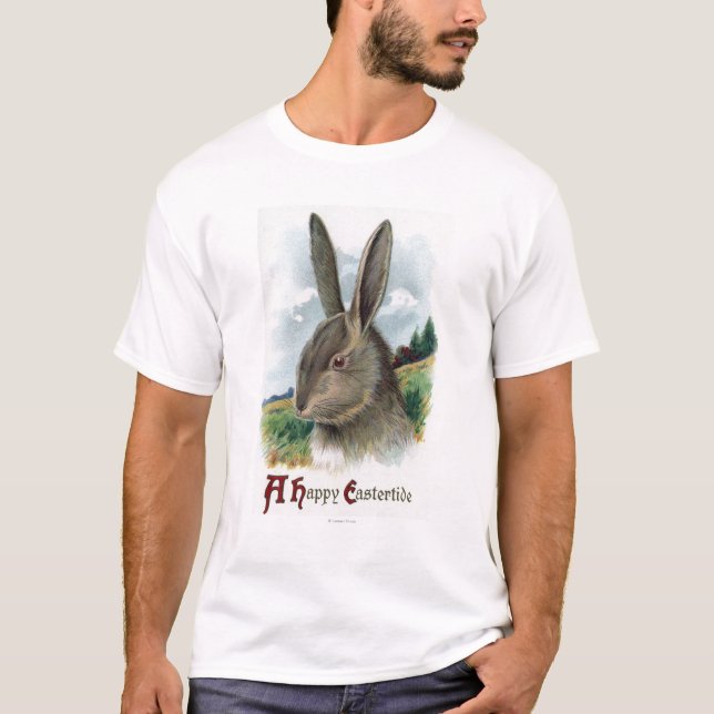 A Happy EastertideGray Rabbit Scene T-Shirt (Front)