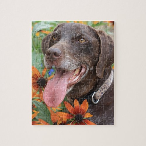 A happy German Shorthaired Pointer with sunflowers Jigsaw Puzzle