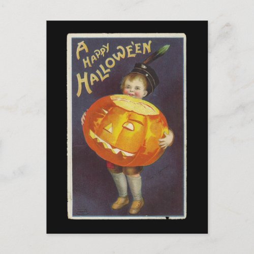 A Happy Halloween Boy with Big Pumpkin Vintage Postcard
