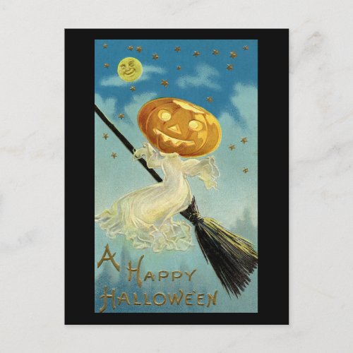 A Happy Halloween Pumpkin Head Witch Vintage Postcard