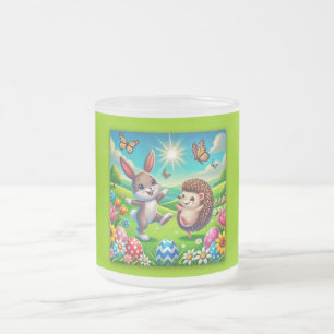 A happy hare and hedgehog frosted glass coffee mug
