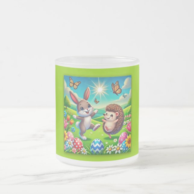 A happy hare and hedgehog frosted glass coffee mug (Center)
