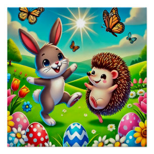 A happy hare and hedgehog poster