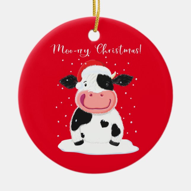 A Happy Holstein Cow Wishes You A Merry Christmas Ceramic Ornament (Front)