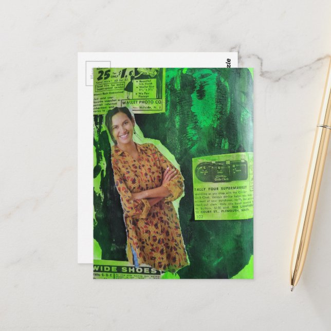 A Happy Lady Green Retro Ads Mixed Media Collage Postcard (Front/Back In Situ)