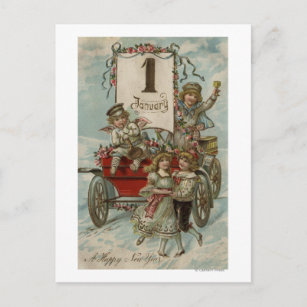 A Happy New YearKids Around a Red Wagon Holiday Postcard