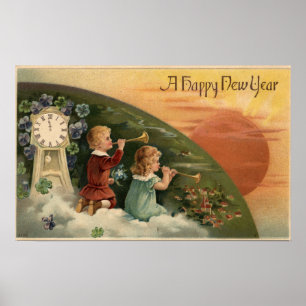 A Happy New YearKids Blowing Trumpets Poster
