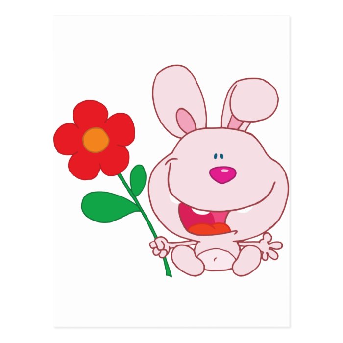 A Happy Pink Bunny holds flower Post Card