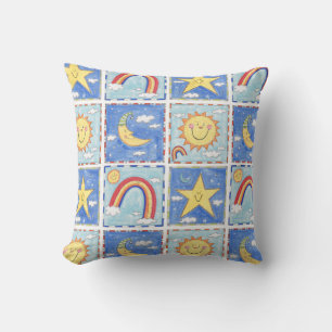 A Happy Sun, Moon, Star and Rainbow Throw Pillow