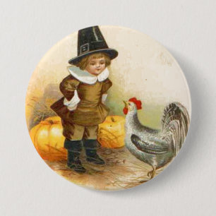 A Happy Thanksgiving Pilgrim and Plymouth Rock Pinback Button