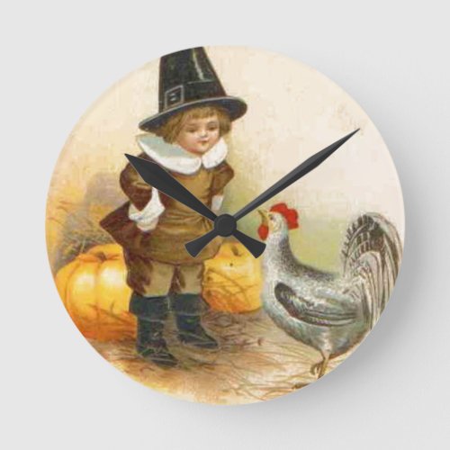 A Happy Thanksgiving Pilgrim and Plymouth Rock Round Clock