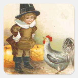 A Happy Thanksgiving Pilgrim and Plymouth Rock Square Sticker