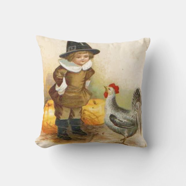 A Happy Thanksgiving Pilgrim and Plymouth Rock Throw Pillow (Front)
