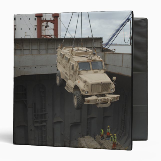 A harbor crane lifts a mine-resistant 3 ring binder (Front/Inside)