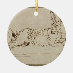 A Hare Running, With Ears Pricked (pen & ink on pa Ceramic Ornament