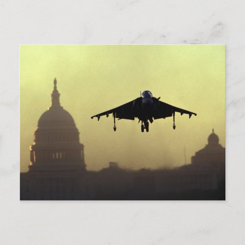 A Harrier jet landing on the Mall at dawn with Postcard